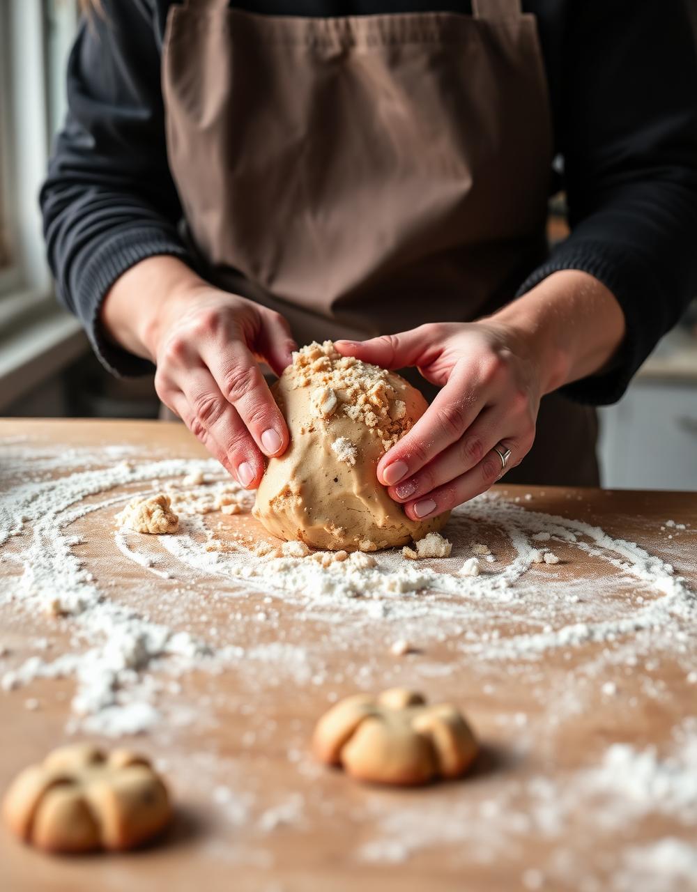 Hands kneading cookie dough on a floured surface